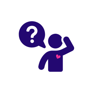 Person with question mark looking confused with a broken heart