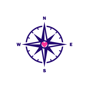 A compass with a heart in the center.